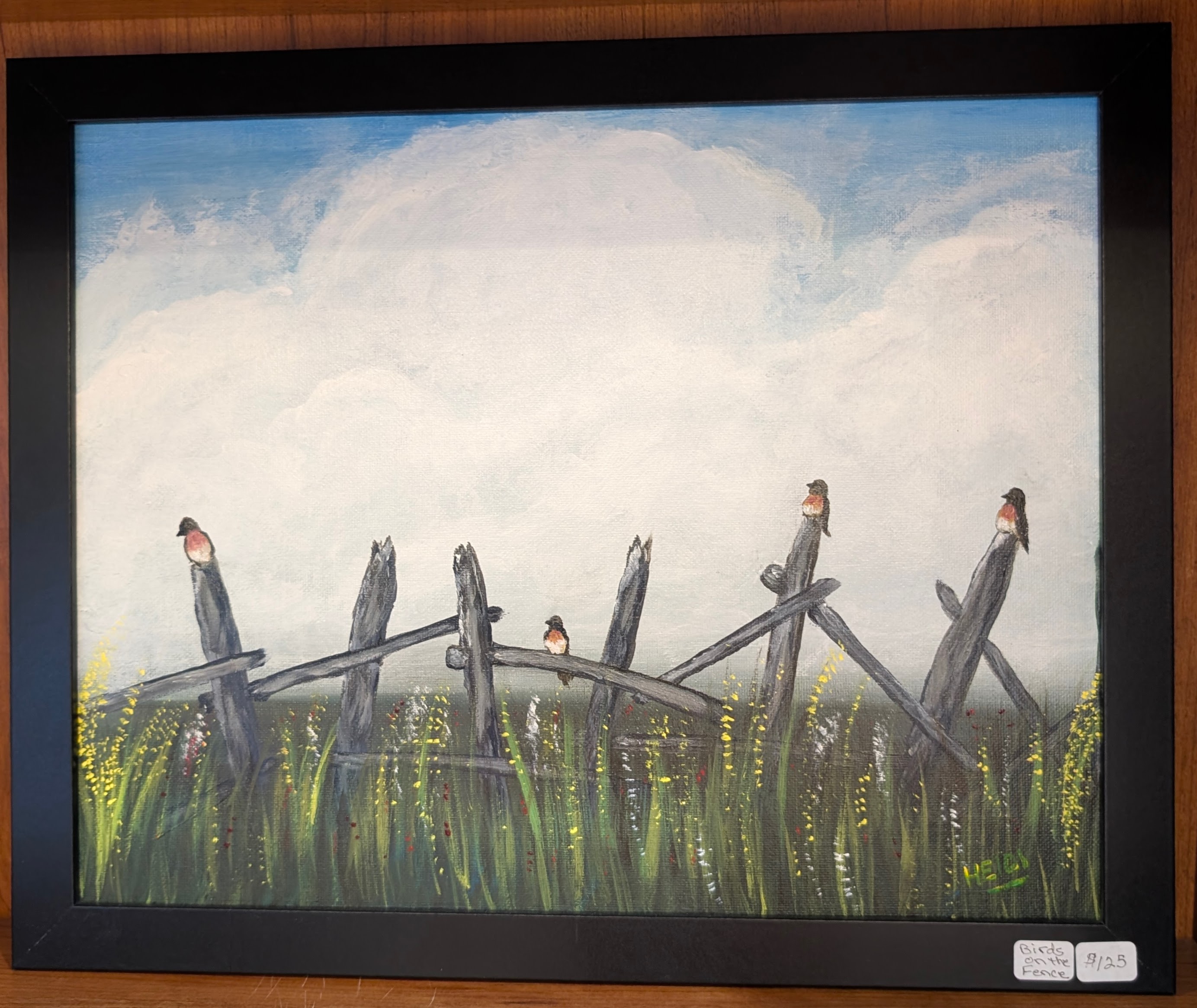 Acrylic painting of swallows perched on a rustic fence in tall grass with soft clouds
