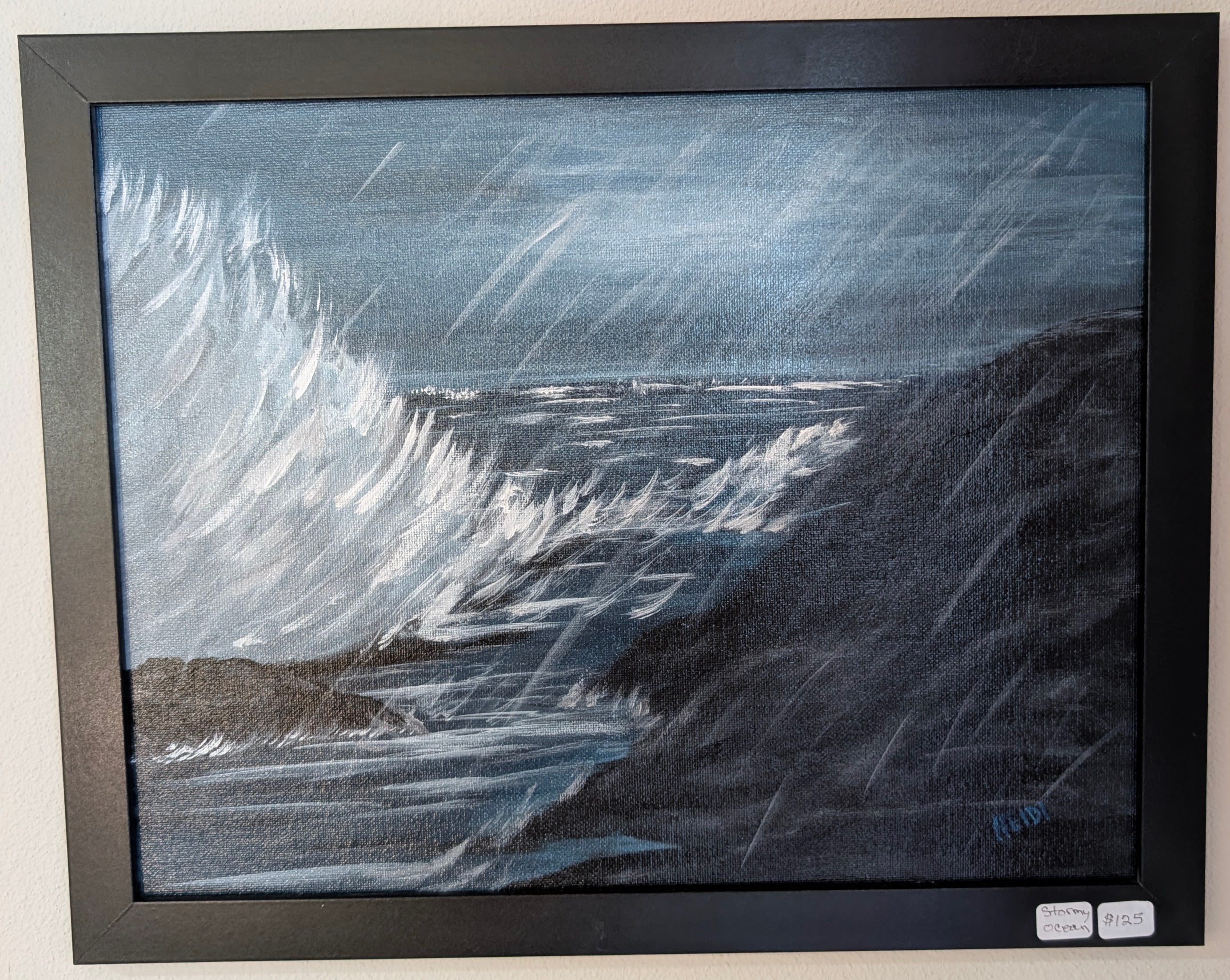 Acrylic storm seascape with driving rain and a crashing wave