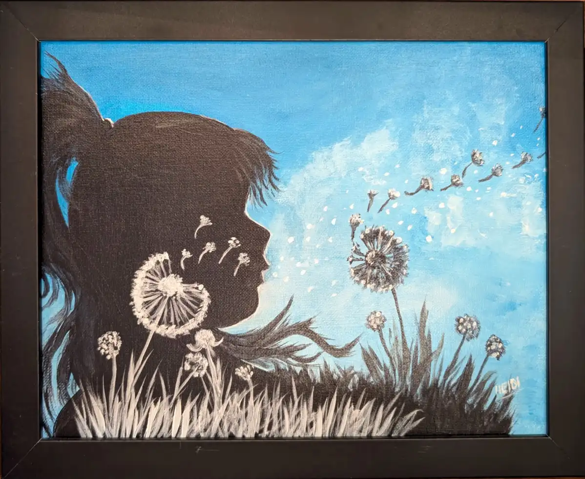 Framed acrylic silhouette painting: a child blowing dandelion seeds under a blue sky
