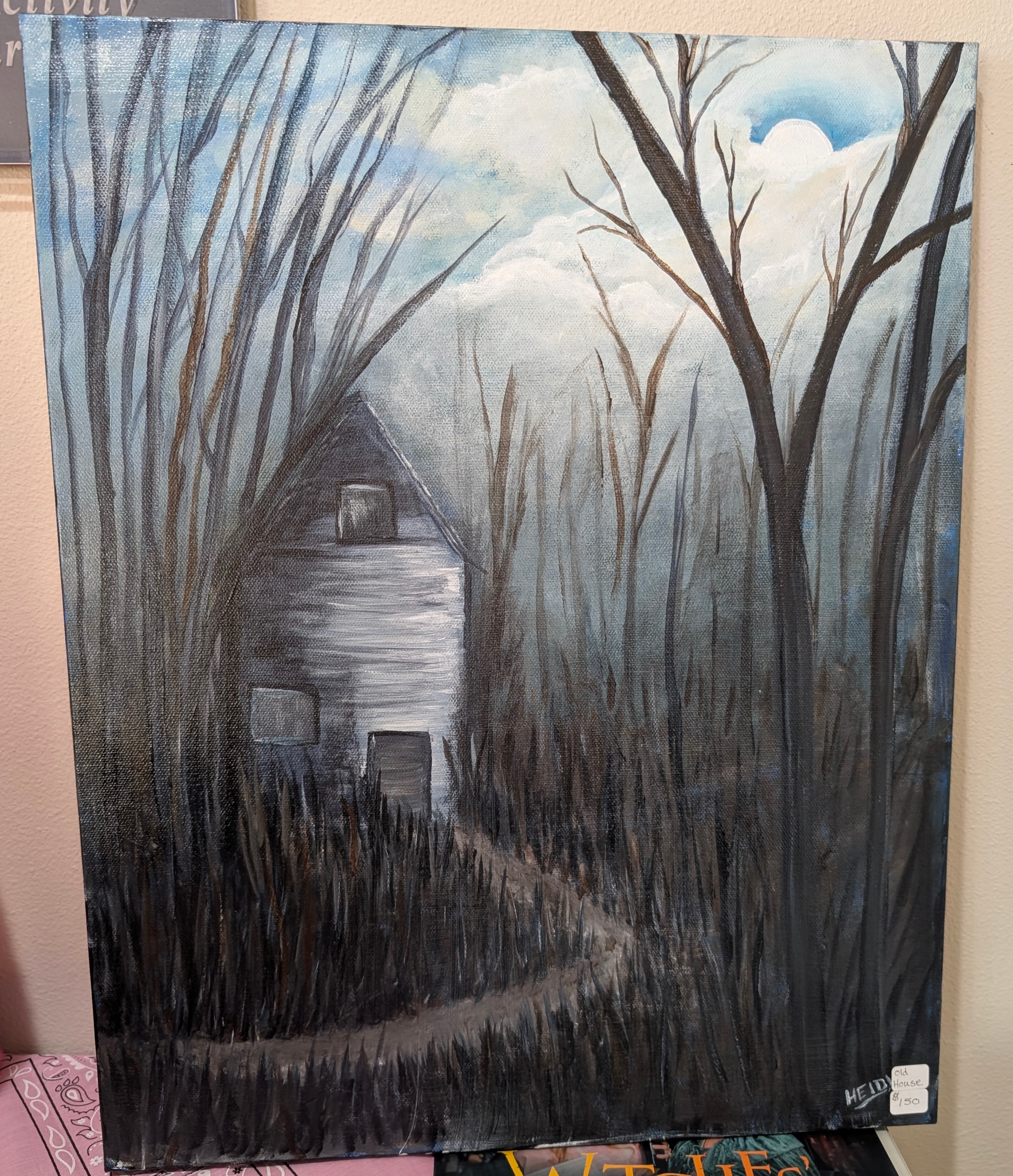 Acrylic landscape with a small cabin among tall trees under a cloudy moonlit sky