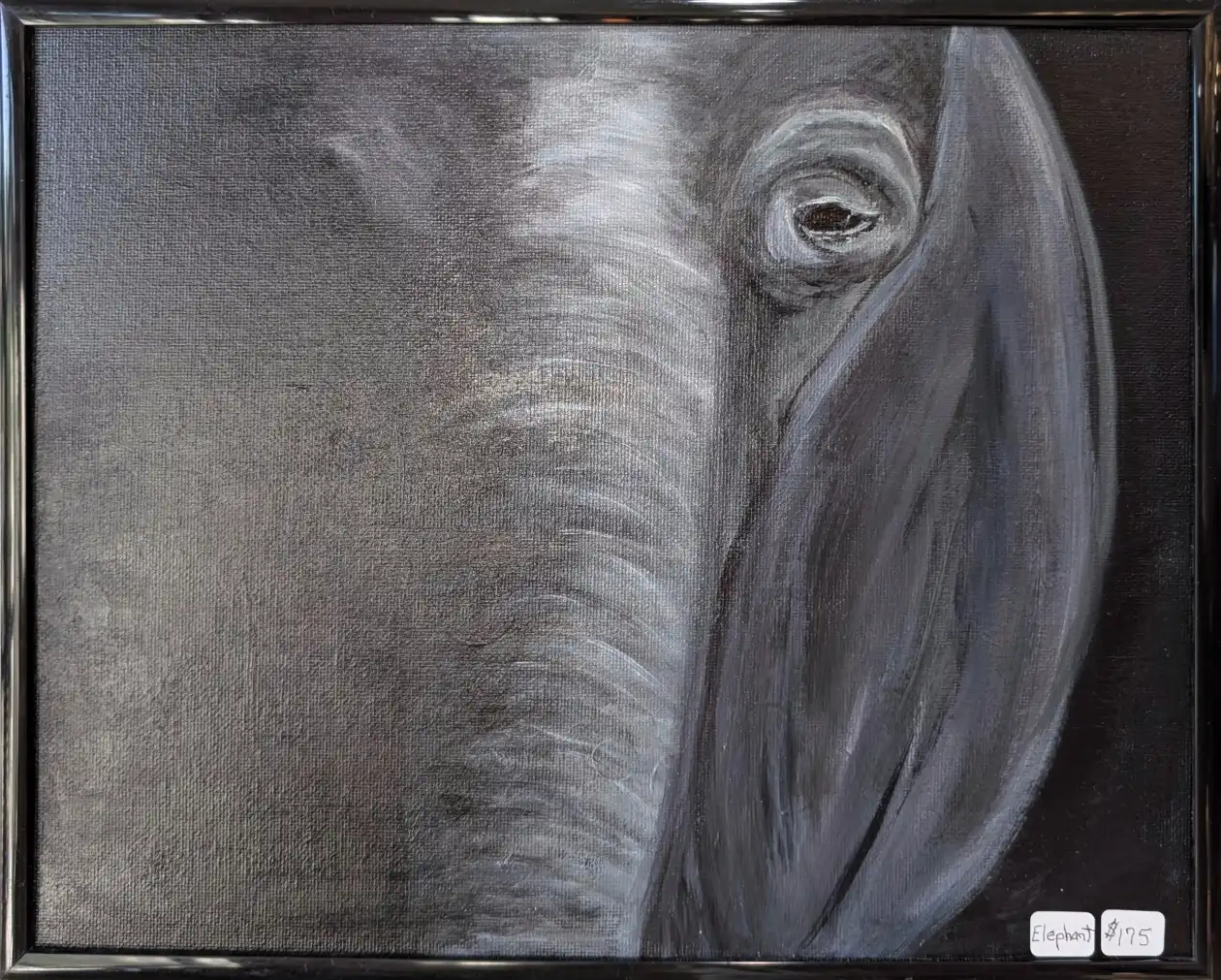 Acrylic-on-canvas close-up of an elephant’s eye and textured skin in grayscale tones. “Elephant” conveys strength, wisdom, and quiet emotion through soft, lifelike detail.